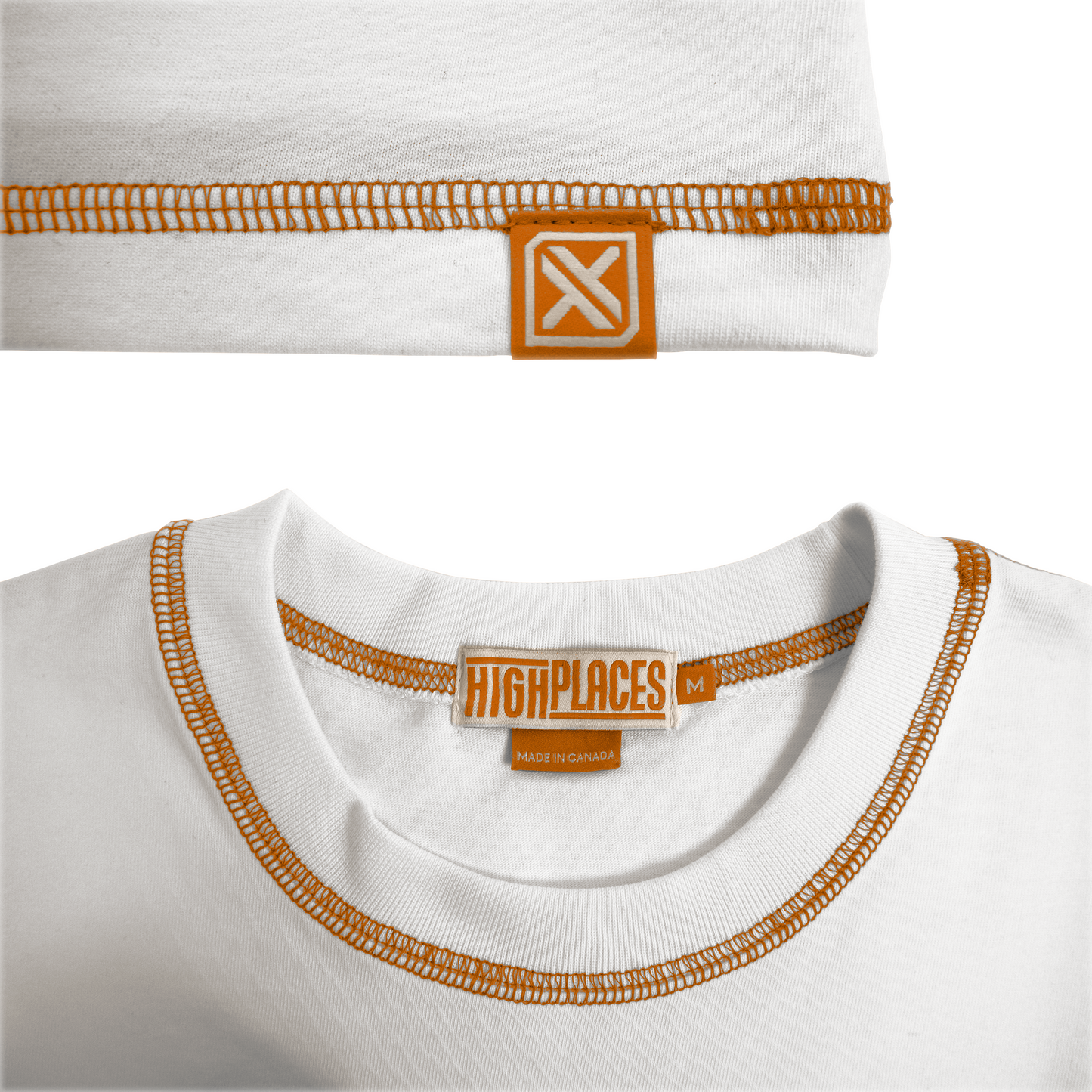 White t-shirt with orange overlock contrast stitching and a graphic print of an orange yogurt cup on the front, along with the text 'HIGH PLACES SCREEN PRINTING: Handcrafted in Vancouver B.C. Canada'
