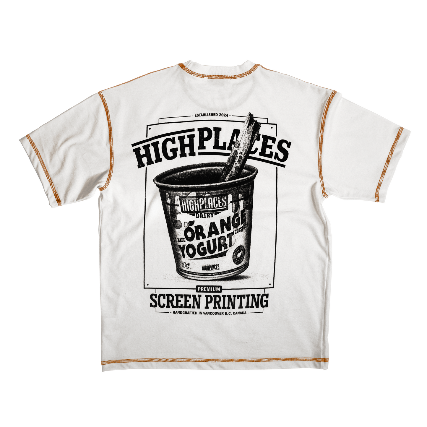 White t-shirt with orange overlock contrast stitching and a graphic print of an orange yogurt cup on the front, along with the text 'HIGH PLACES SCREEN PRINTING: Handcrafted in Vancouver B.C. Canada'