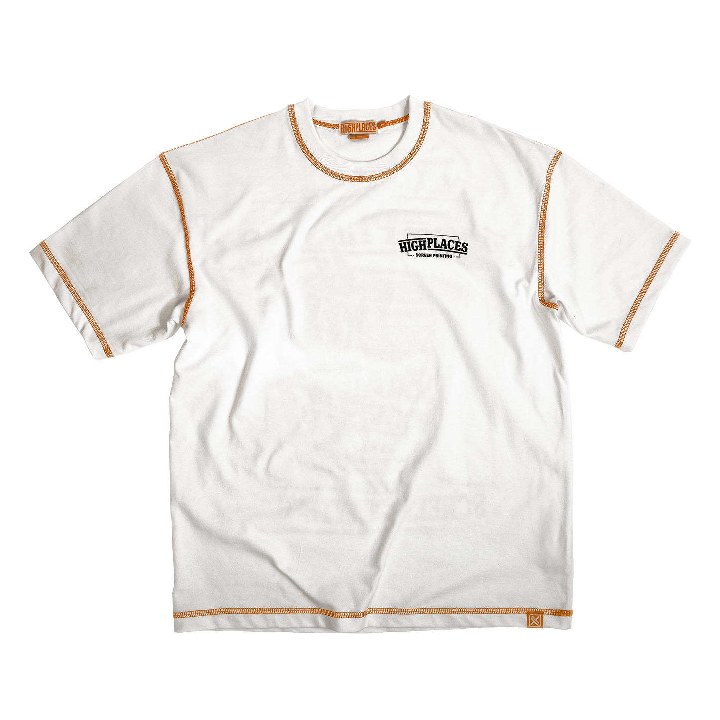 White t-shirt with orange overlock contrast stitching and a graphic print of an orange yogurt cup on the front, along with the text 'HIGH PLACES SCREEN PRINTING: Handcrafted in Vancouver B.C. Canada'