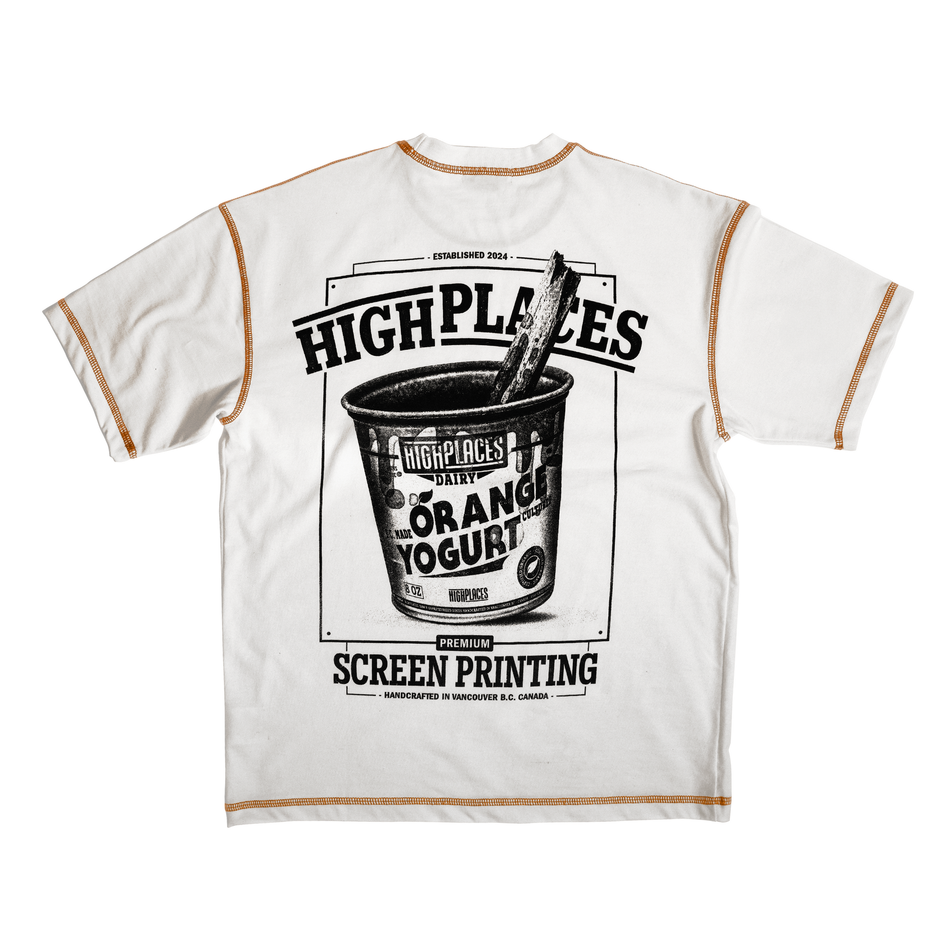 White t-shirt with orange overlock contrast stitching and a graphic print of an orange yogurt cup on the front, along with the text 'HIGH PLACES SCREEN PRINTING: Handcrafted in Vancouver B.C. Canada'
